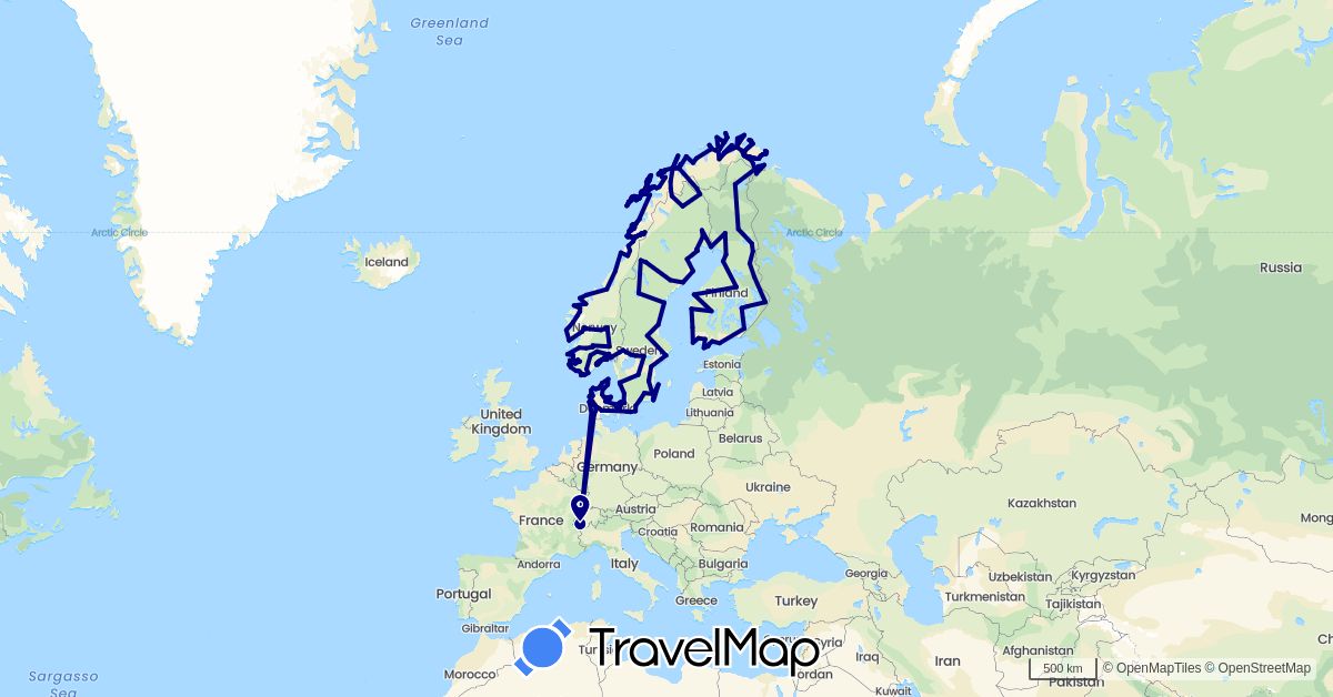 TravelMap itinerary: driving in Switzerland, Denmark, Finland, Norway, Sweden (Europe)